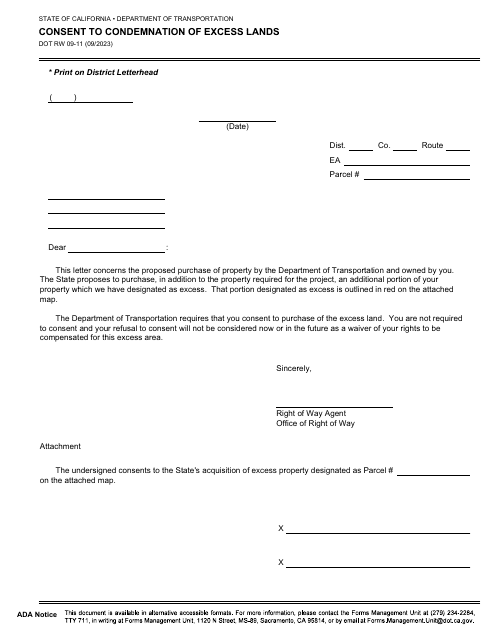 Form DOT RW09-11  Printable Pdf