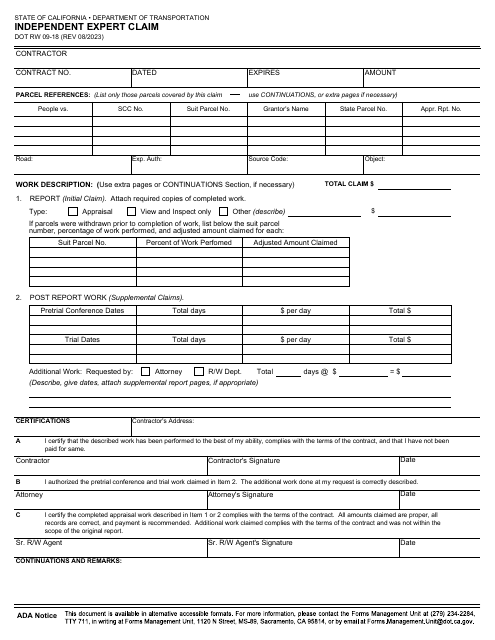 Form DOT RW09-18  Printable Pdf
