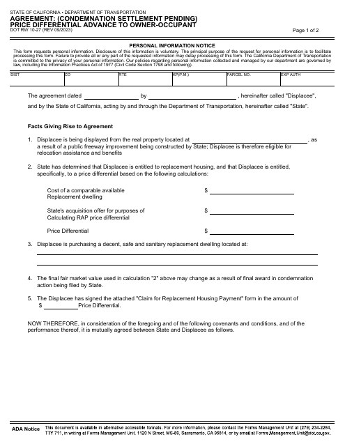 Form DOT RW10-27 Agreement: (Condemnation Settlement Pending) Price Differential Advance to Owner-Occupant - California