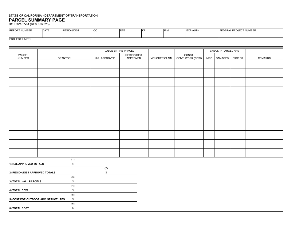 Form DOT RW07-04 Parcel Summary Page - California, Page 1