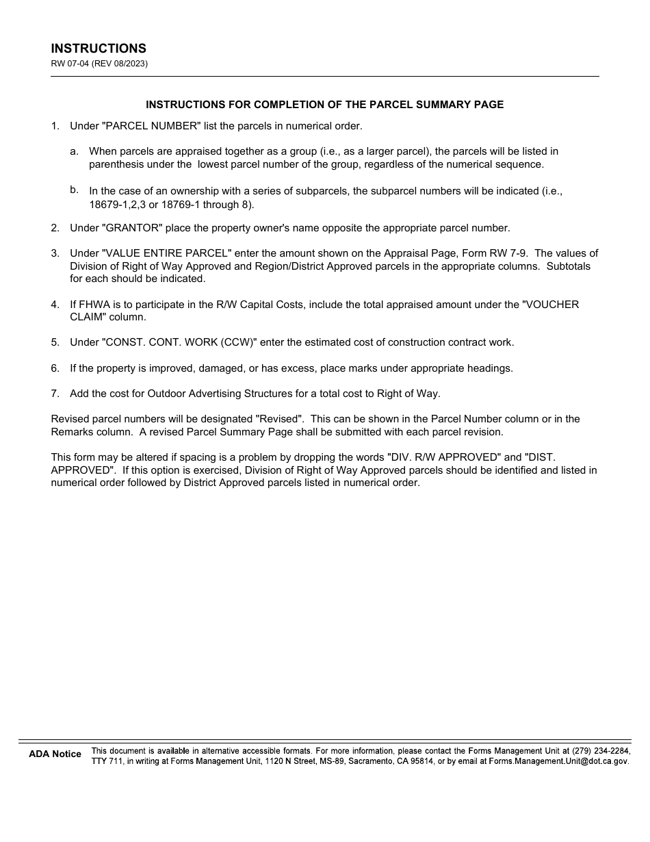 Form DOT RW07-04 Parcel Summary Page - California, Page 2