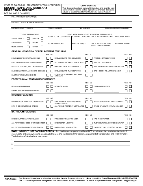 Form DOT RW10-40 Decent, Safe, and Sanitary Inspection Report - California