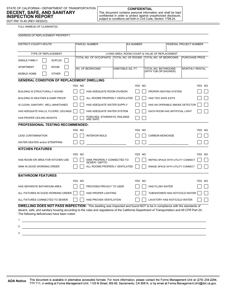 Form DOT RW10-40 Decent, Safe, and Sanitary Inspection Report - California, Page 1