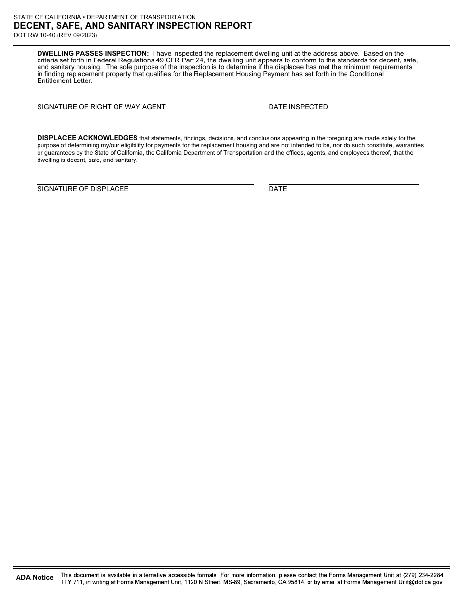 Form DOT RW10-40 Decent, Safe, and Sanitary Inspection Report - California, Page 2