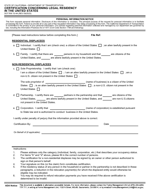 Form DOT RW10-44 Certification Concerning Legal Residency in the United States - California