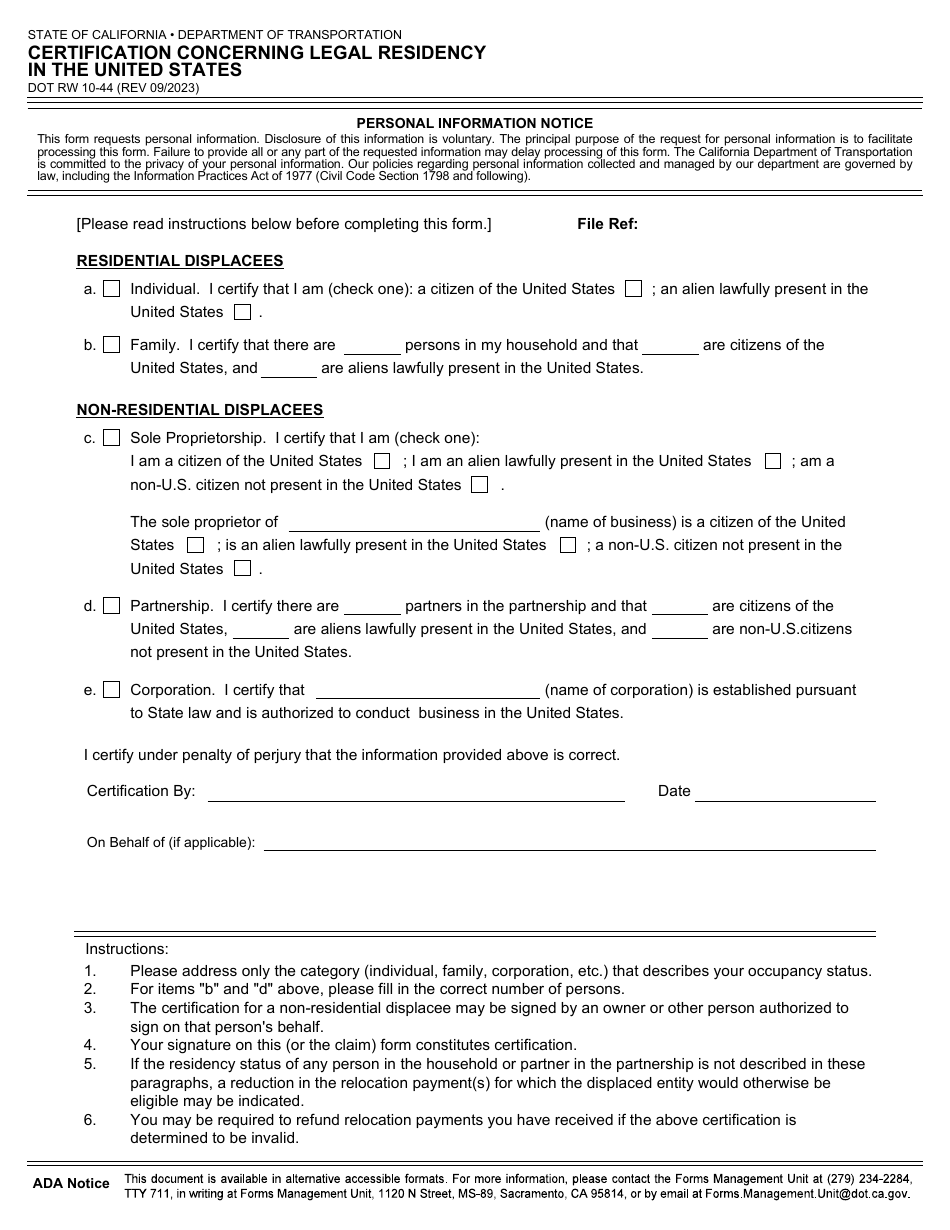 Form DOT RW10-44 Certification Concerning Legal Residency in the United States - California, Page 1