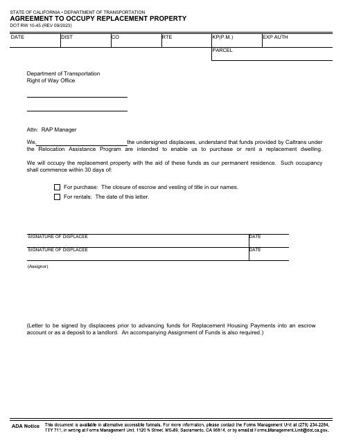 Form DOT RW10-45  Printable Pdf