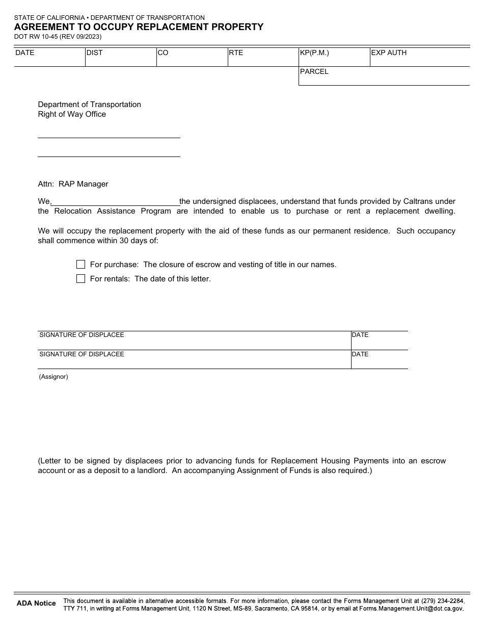 Form DOT RW10-45 Agreement to Occupy Replacement Property - California, Page 1