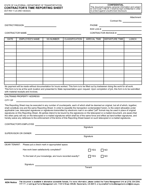 Form DOT RW11-23 Contractor's Time Reporting Sheet - California