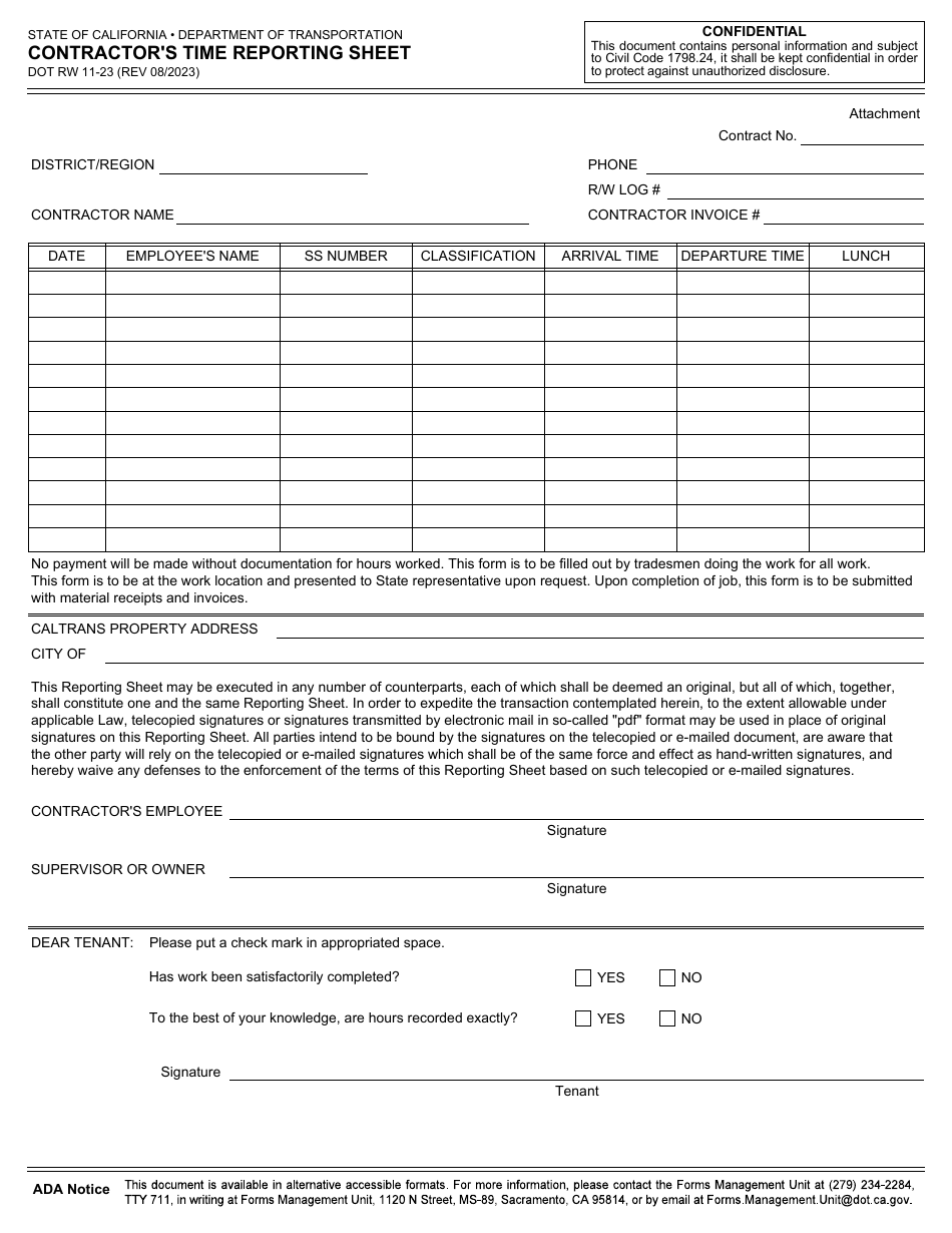 Form DOT RW11-23 Contractors Time Reporting Sheet - California, Page 1