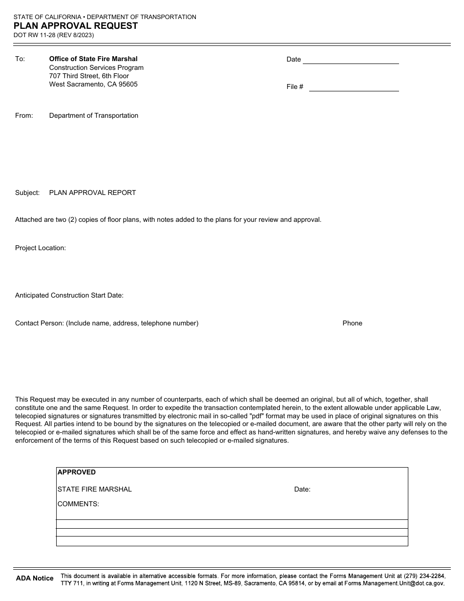 Form DOT RW11-28 Plan Approval Request - California, Page 1