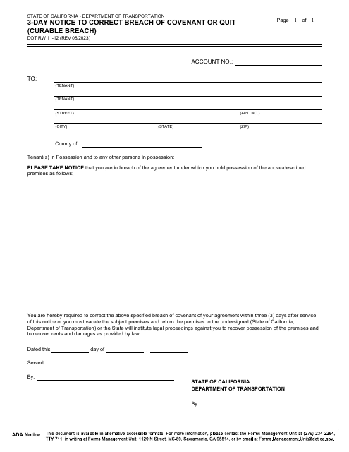 Form DOT RW11-12  Printable Pdf