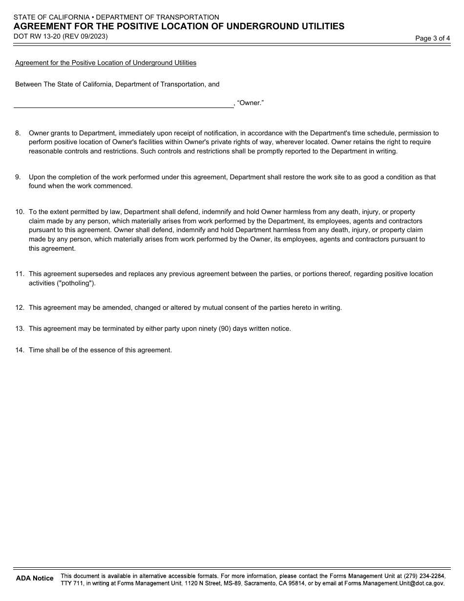 Form DOT RW13-20 Agreement for the Positive Location of Underground Utilities - California, Page 3