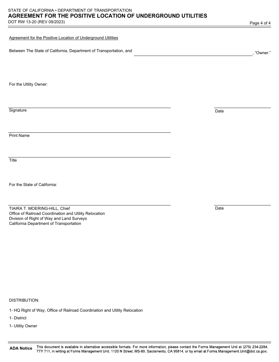 Form DOT RW13-20 Agreement for the Positive Location of Underground Utilities - California, Page 4