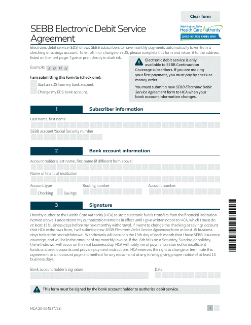 Form HCA20-0045 Sebb Electronic Debit Service Agreement - Washington