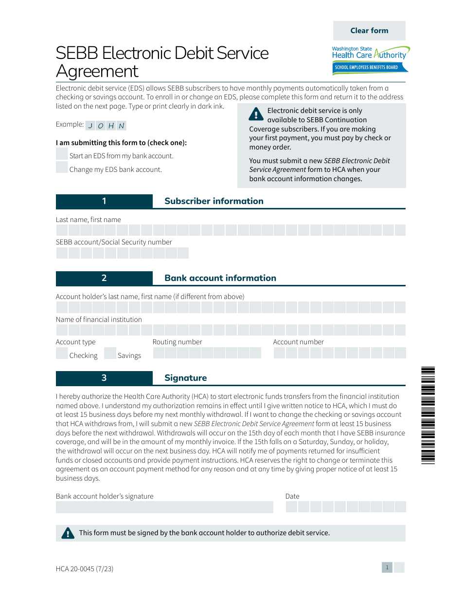 Form HCA20-0045 Sebb Electronic Debit Service Agreement - Washington, Page 1