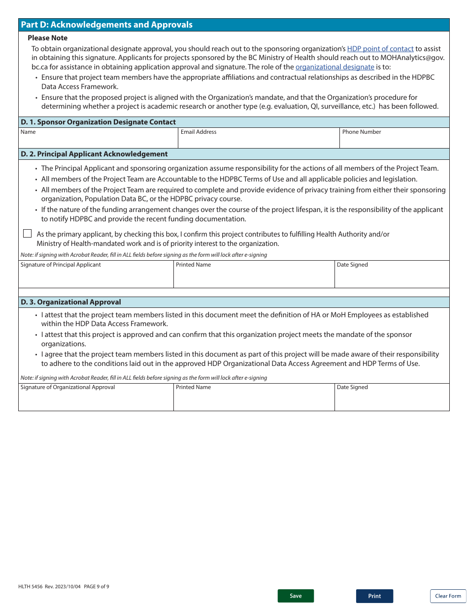 Form HLTH5456 Organizational Data Access Request - British Columbia, Canada, Page 9