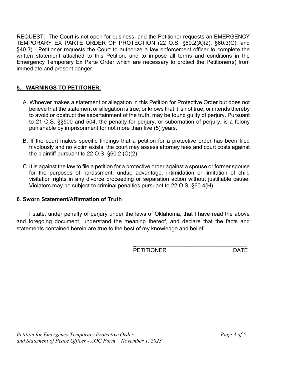 Oklahoma Petition for Emergency Temporary Protective Order Download