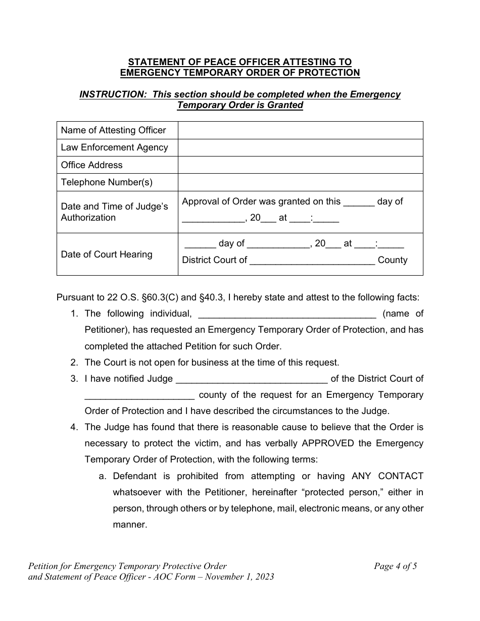 Petition for Emergency Temporary Protective Order - Oklahoma, Page 4