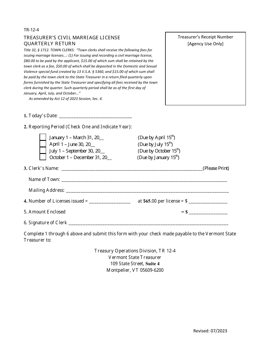 Form TR-12-4 Treasurers Civil Marriage License Quarterly Return - Vermont, Page 1