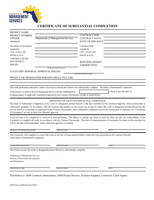 DMS Form AE09 Certificate of Substantial Completion - Florida