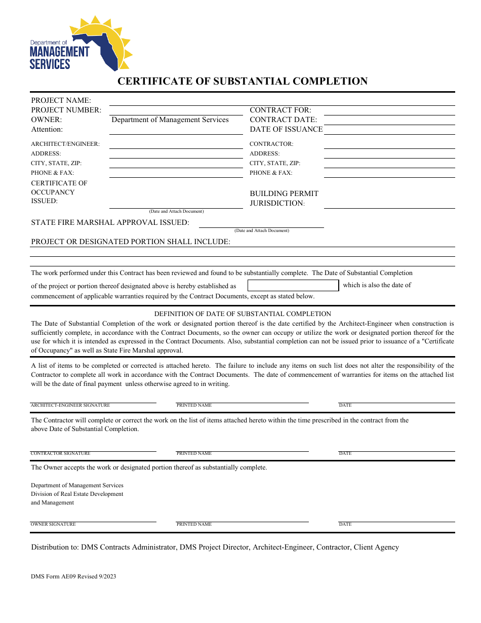 DMS Form AE09 Certificate of Substantial Completion - Florida, Page 1