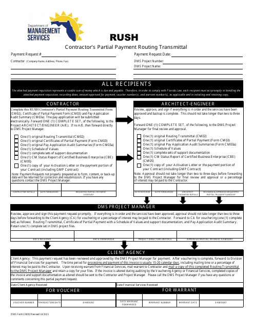 DMS Form CM02 Rush Contractor's Partial Payment Routing Transmittal - Florida