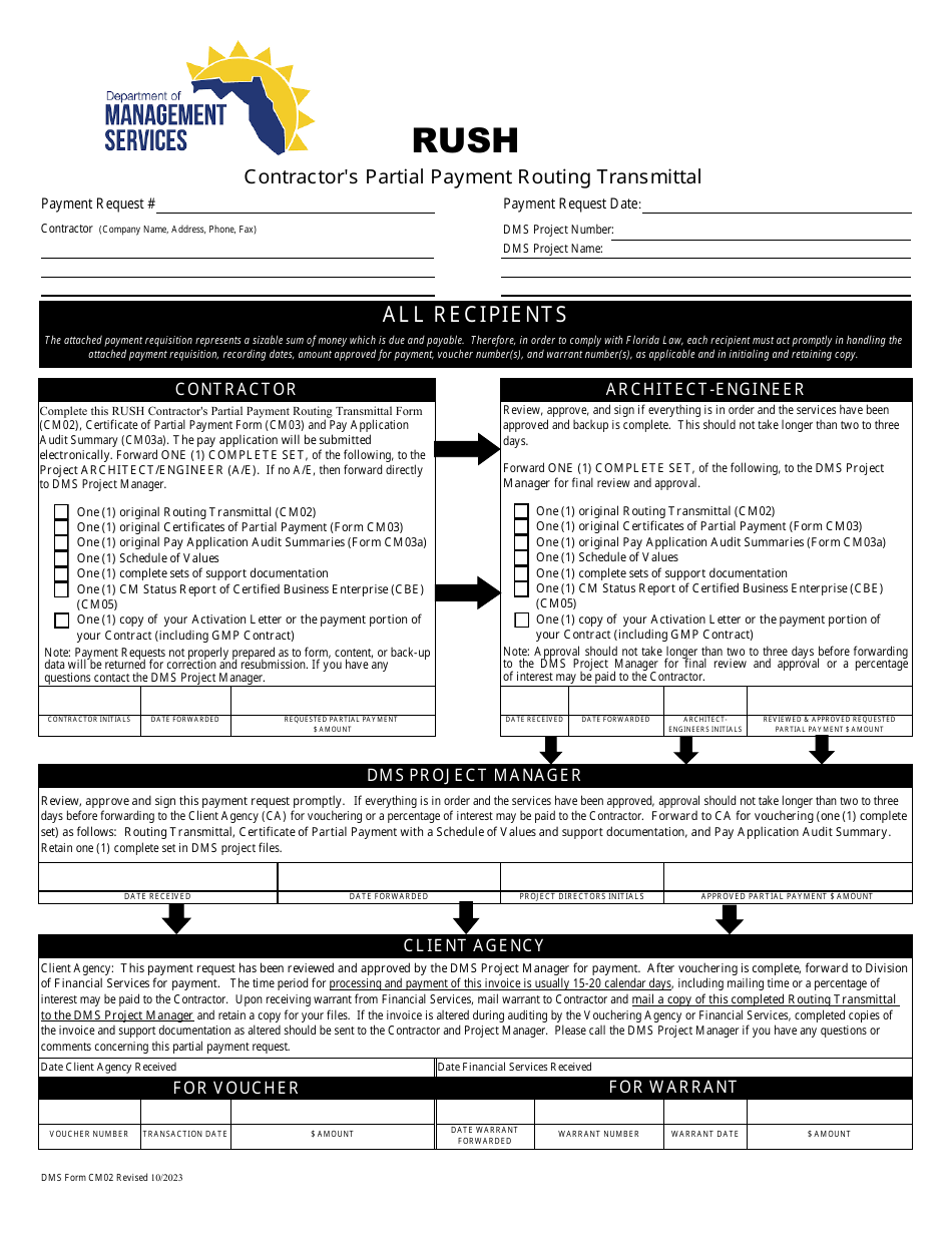 DMS Form CM02 Rush Contractors Partial Payment Routing Transmittal - Florida, Page 1