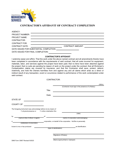 DMS Form CM07 Contractor's Affidavit of Contract Completion - Florida