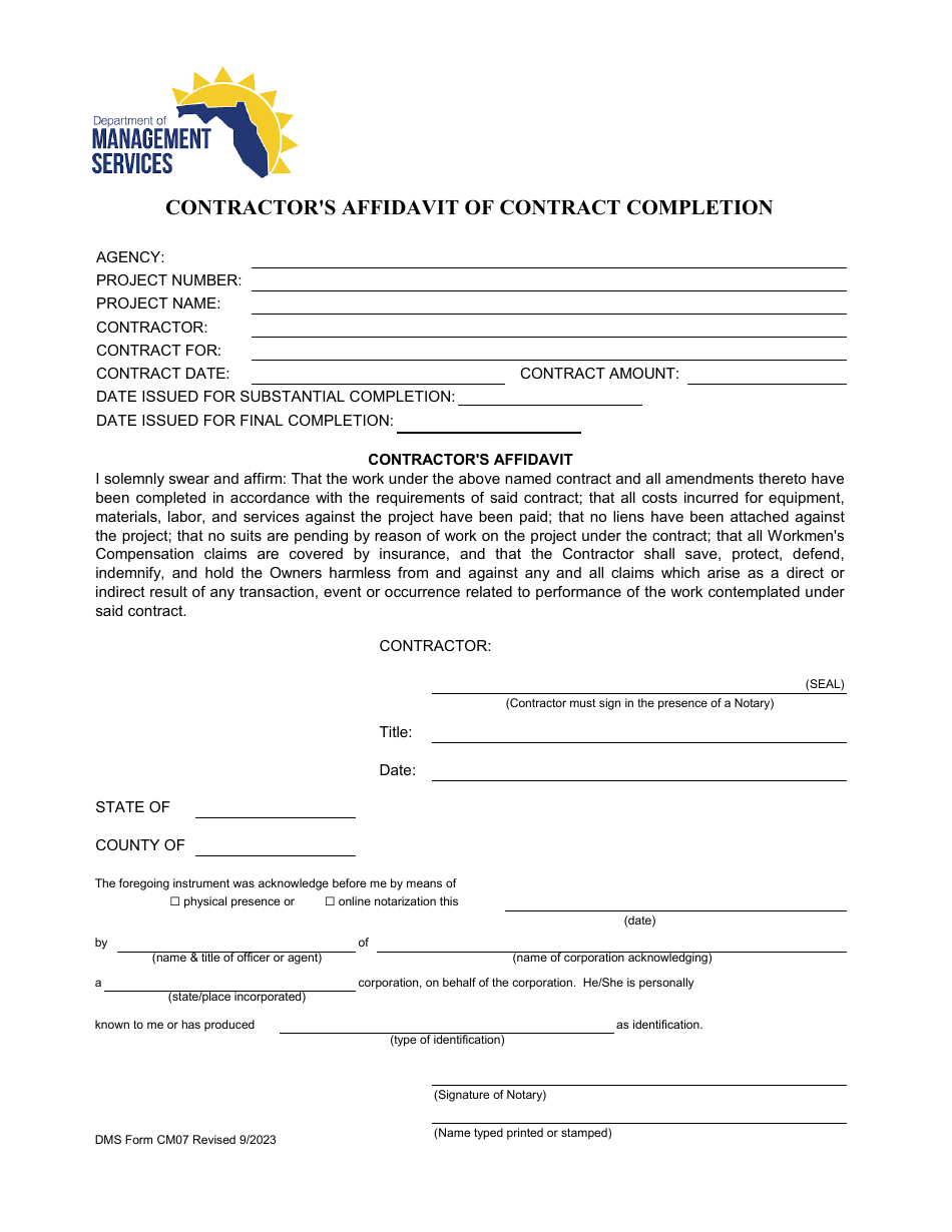 DMS Form CM07 Contractors Affidavit of Contract Completion - Florida, Page 1
