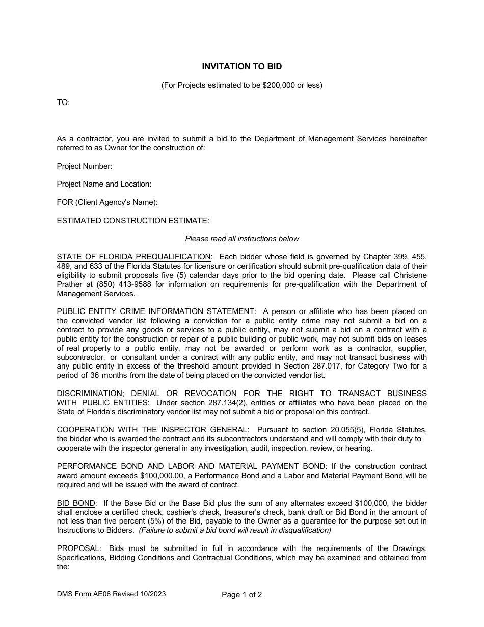 DMS Form AE06 Invitation to Bid (For Projects Estimated to Be $200,000 or Less) - Florida, Page 1