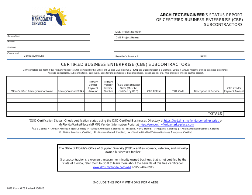 DMS Form AE03 Architect-Engineer's Status Report of Certified Business Enterprise (Cbe) Subcontractors - Florida