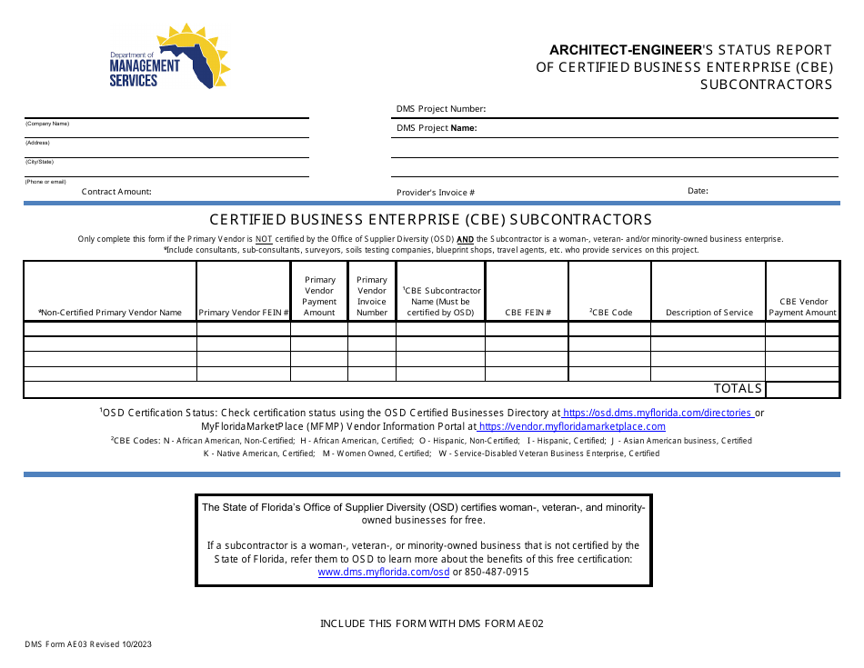 DMS Form AE03 Architect-Engineers Status Report of Certified Business Enterprise (Cbe) Subcontractors - Florida, Page 1
