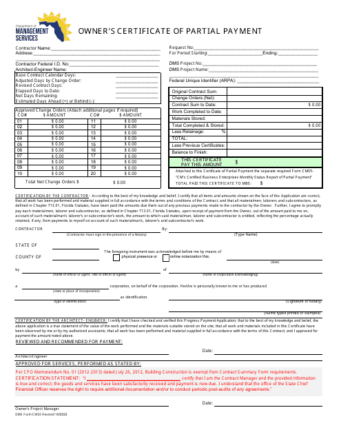 DMS Form CM03 Owner's Certificate of Partial Payment - Florida