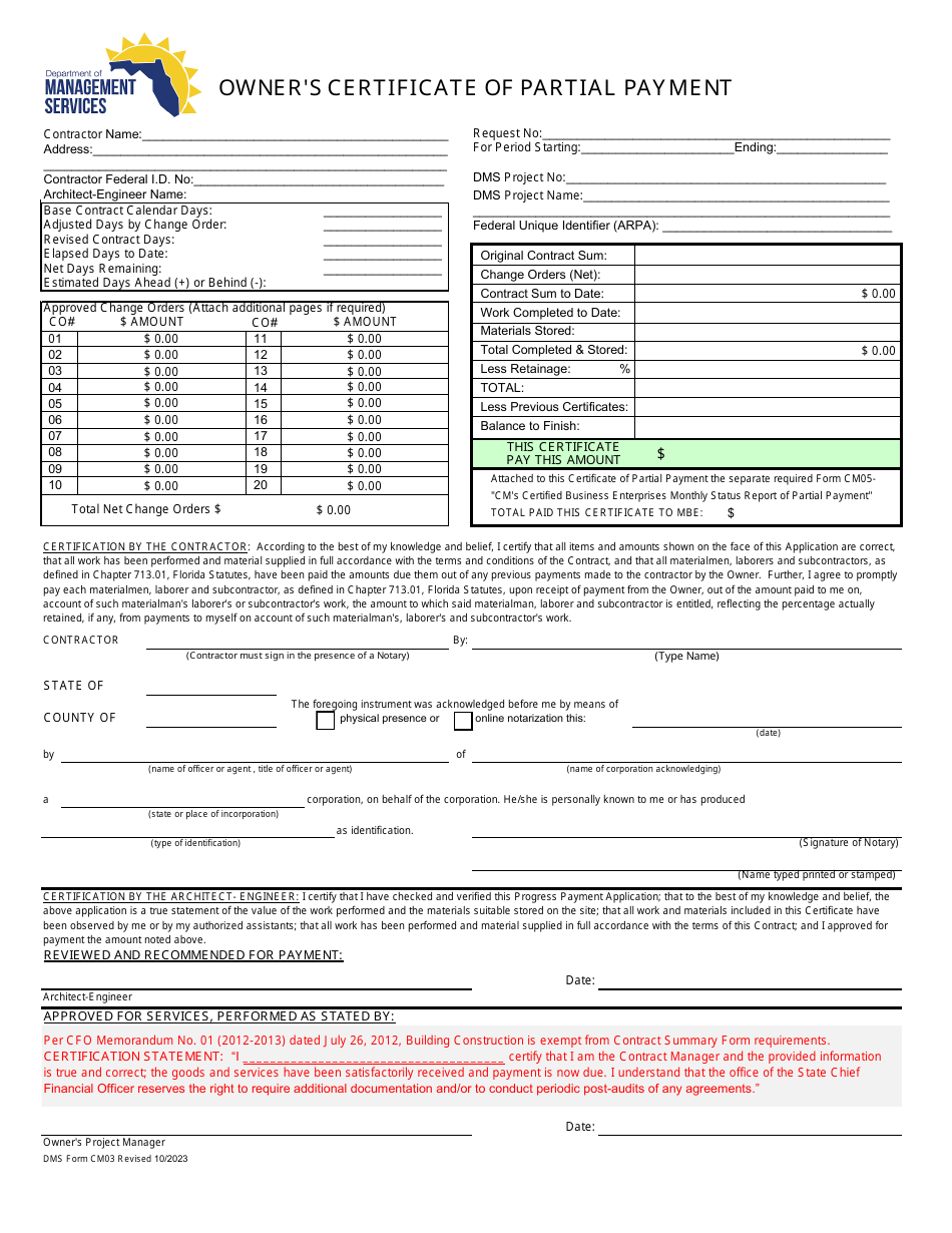 DMS Form CM03 Owners Certificate of Partial Payment - Florida, Page 1
