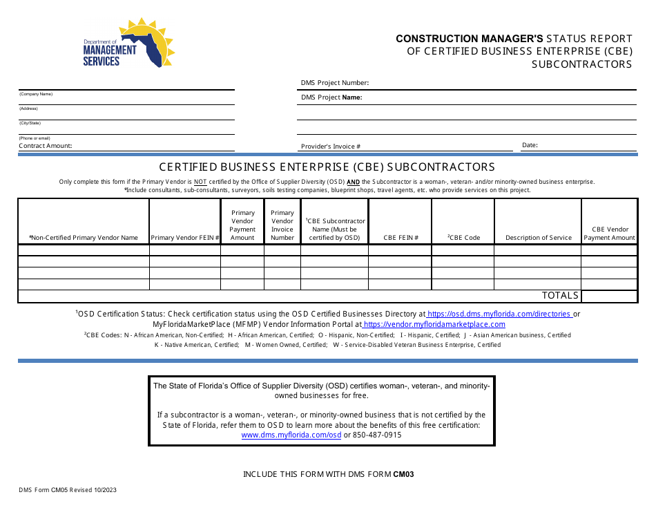 DMS Form CM05 Construction Managers Status Report of Certified Business Enterprise (Cbe) Subcontractors - Florida, Page 1