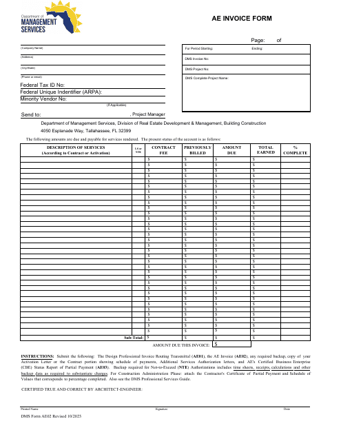 DMS Form AE02 AE Invoice Form - Florida