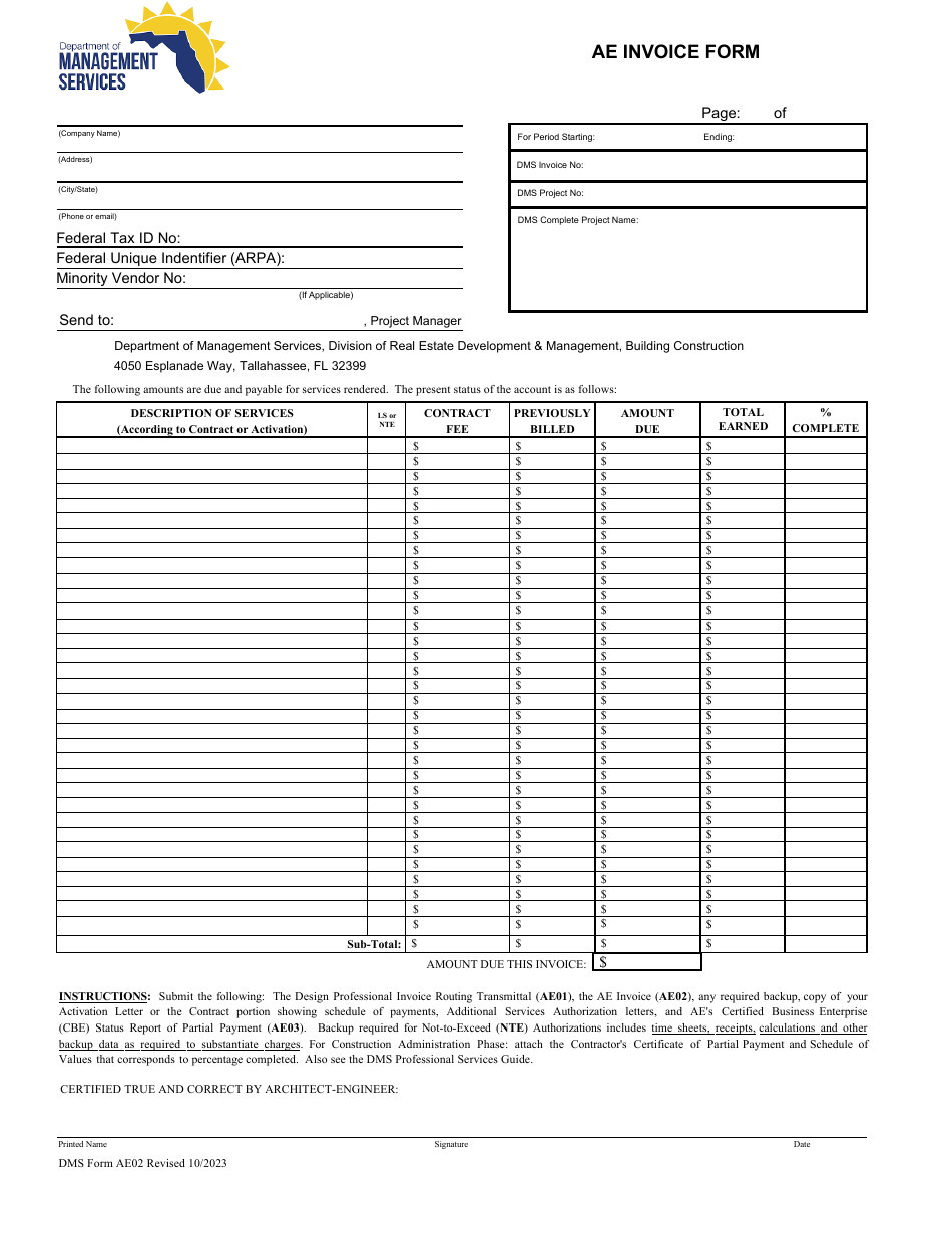DMS Form AE02 AE Invoice Form - Florida, Page 1