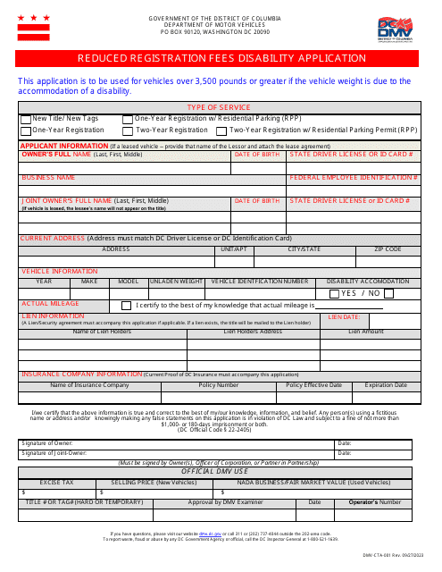 Form DMV-CTA-001 Reduced Registration Fees Disability Application - Washington, D.C.