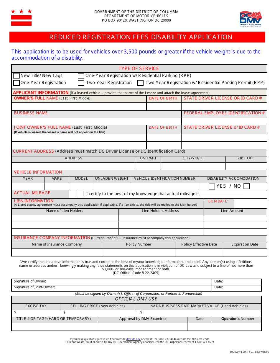 Form DMV-CTA-001 Reduced Registration Fees Disability Application - Washington, D.C., Page 1
