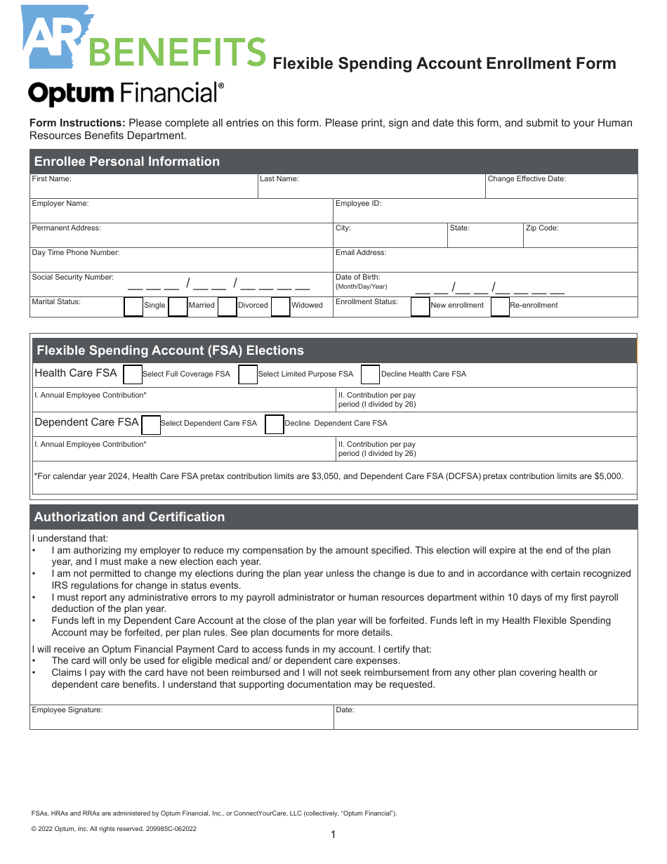 2024 Arkansas Flexible Spending Account Enrollment Form Fill Out