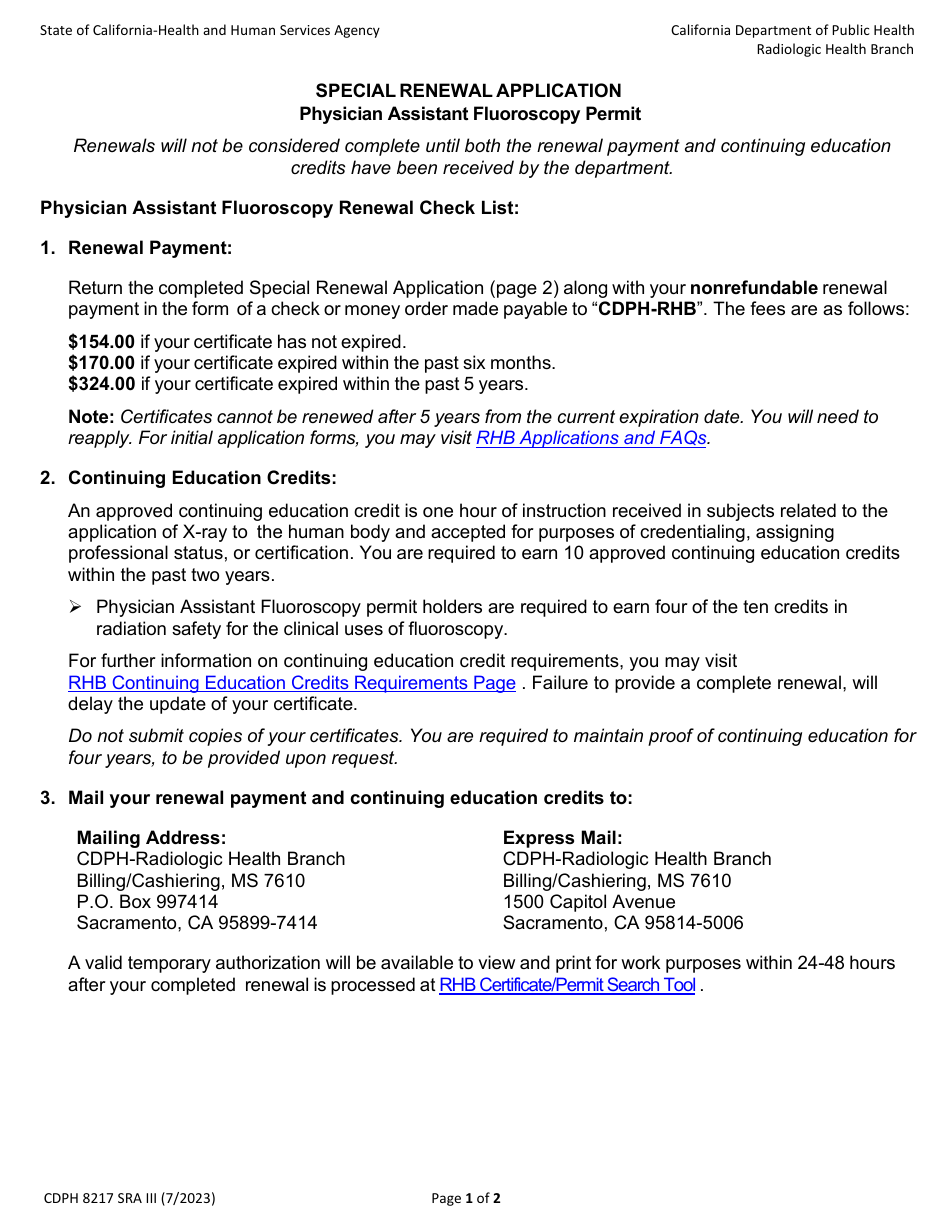 Form CDPH8217 SRA III Physician Assistant Fluoroscopy Permit Special Renewal Application - California, Page 1