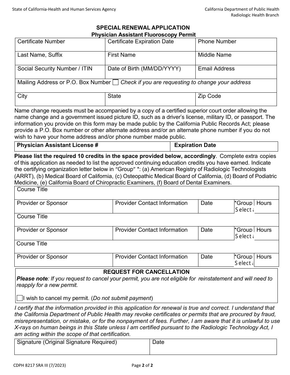 Form CDPH8217 SRA III Physician Assistant Fluoroscopy Permit Special Renewal Application - California, Page 2