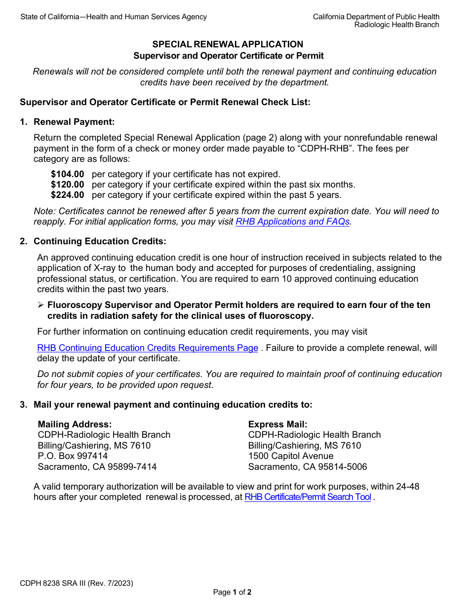 Form CDPH8238 SRA III Supervisor and Operator Certificate or Permit Special Renewal Application - California, Page 1