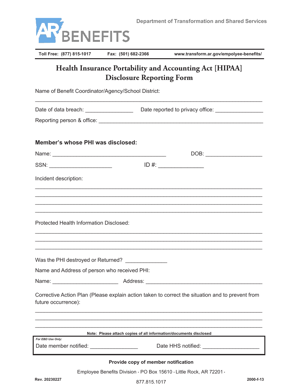 Form 2000-F-13 Health Insurance Portability and Accounting Act (HIPAA) Disclosure Reporting Form - Arkansas, Page 1
