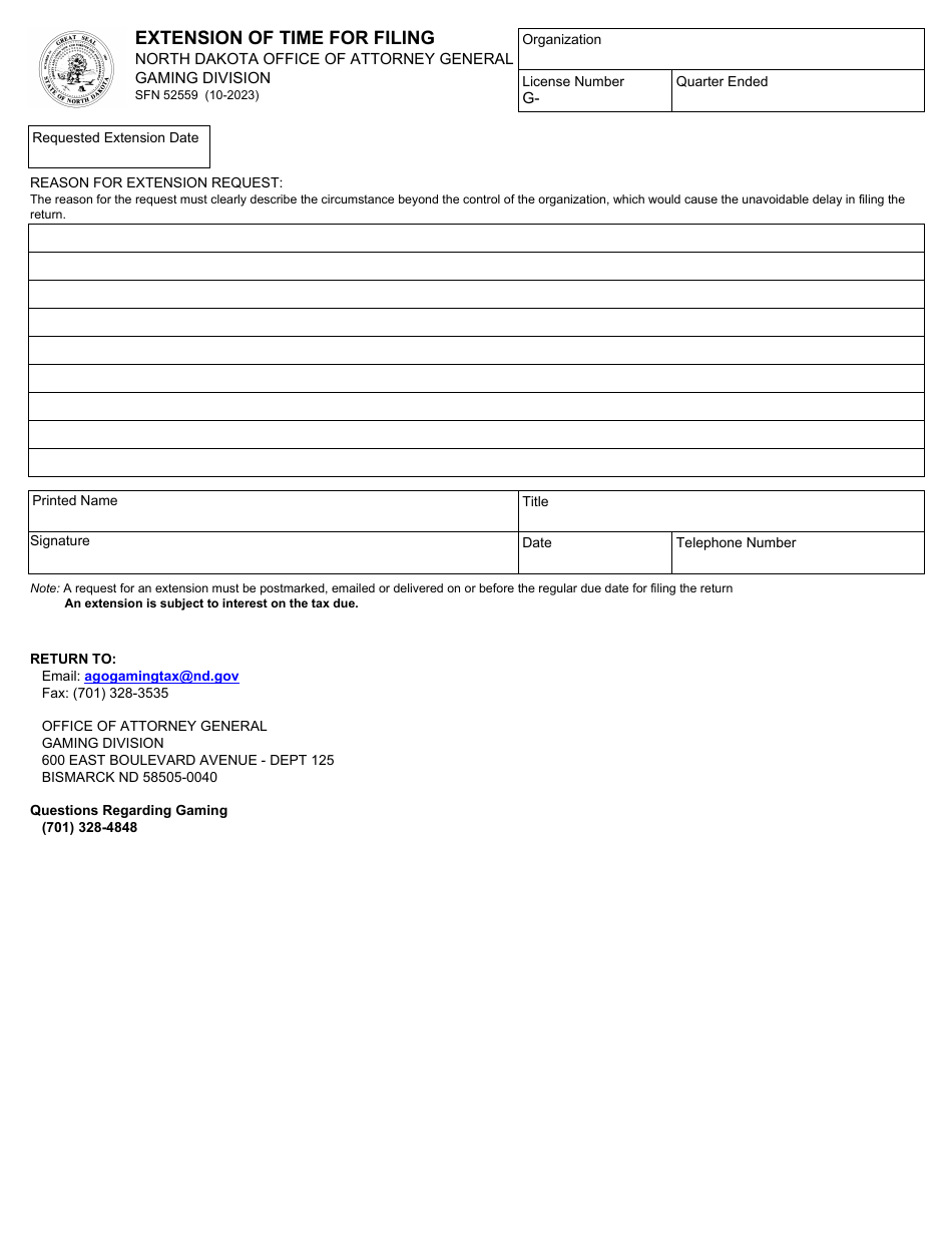 Form SFN52559 Download Fillable PDF or Fill Online Extension of Time for Filing, North Dakota