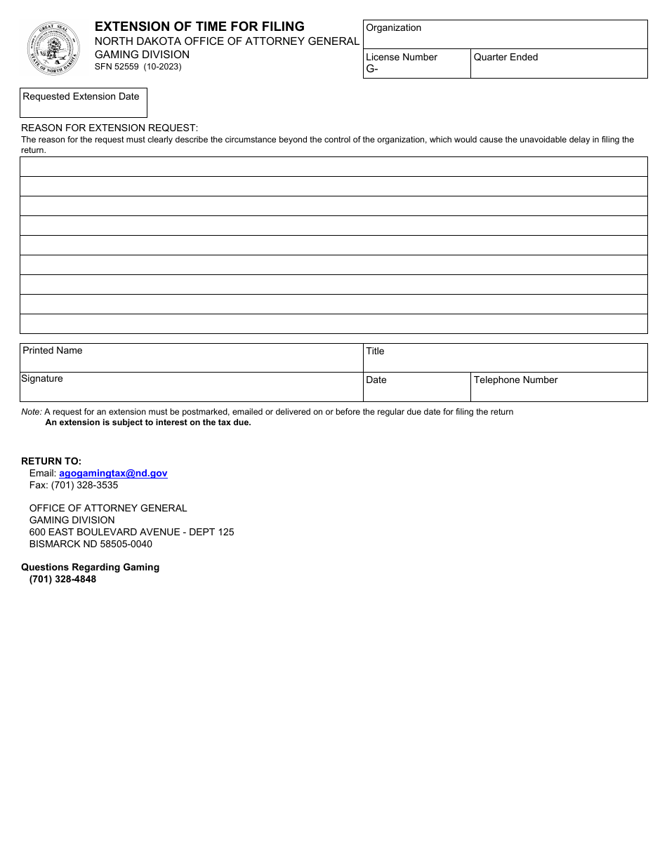 Form SFN52559 Extension of Time for Filing - North Dakota, Page 1