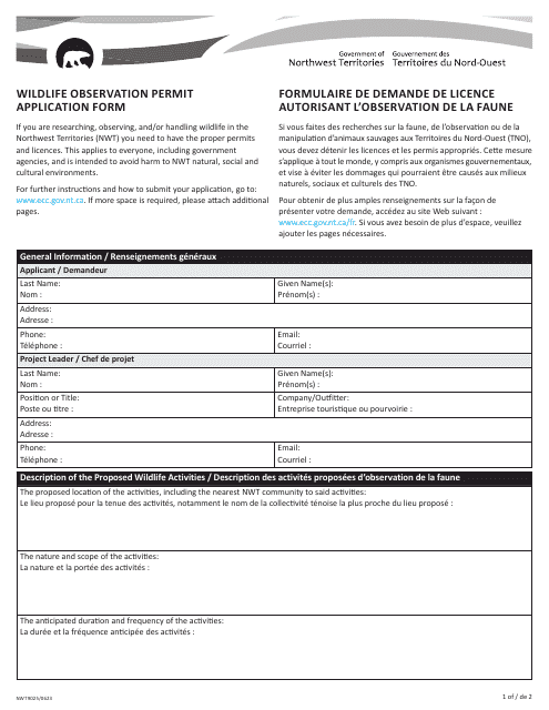 Form NWT9025 Wildlife Observation Permit Application Form - Northwest Territories, Canada (English/French)