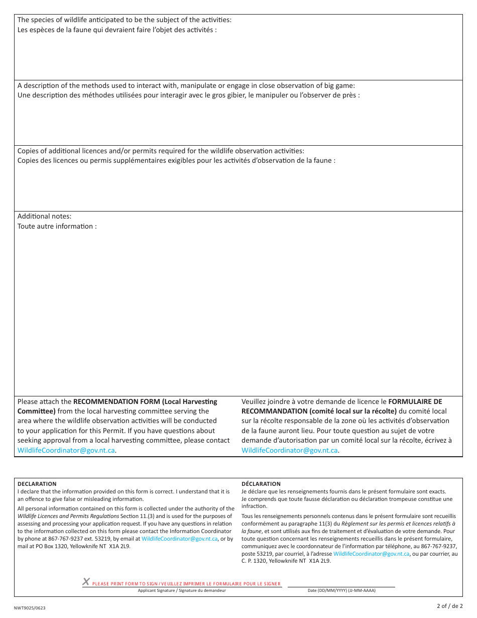 Form NWT9025 Wildlife Observation Permit Application Form - Northwest Territories, Canada (English / French), Page 2