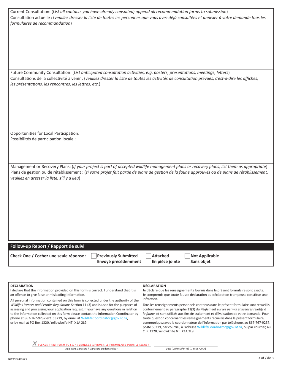 Form NWT9024 Wildlife Research Permit Application Form - Northwest Territories, Canada (English / French), Page 3